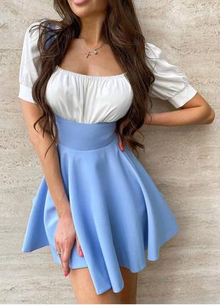 Костюм двойка сарафан и + блуза блузка с коротким рукавом модный стильный трендовый красивый нарядный крутой белый білий голубой блакитний