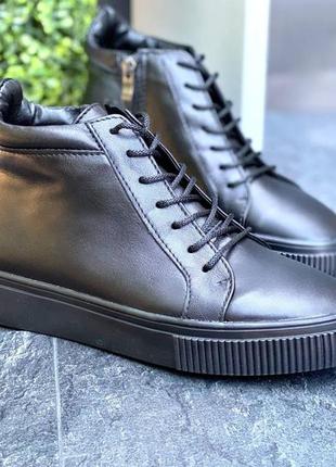 Демисезонные кожаные высокие кеды ботинки  цвет: чёрный  материал: турецкая натуральная кожа6 фото