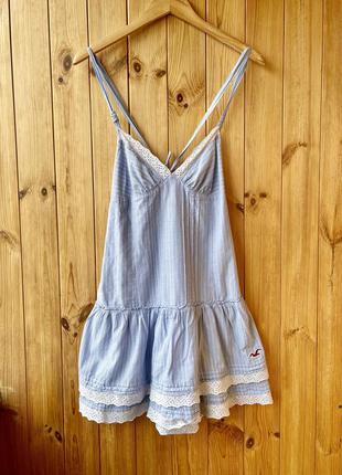 Hollister платье летнее сарафан пышный голубой с кружевом на завязках1 фото