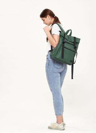 Мега стильний жіночий місткий зелений рюкзак roll top для навчання3 фото