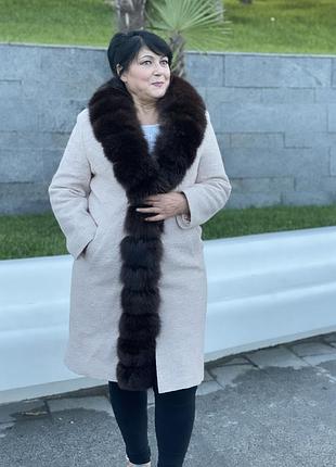 Женское длинное зимнее стильное пальто. натуральный кашемир и мех песца
