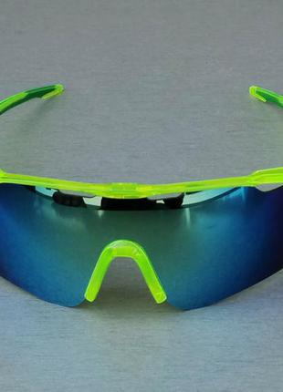 Спортивные солнцезащитные обтекаемые очки унисекс салатовые линзы голубые зеркальные