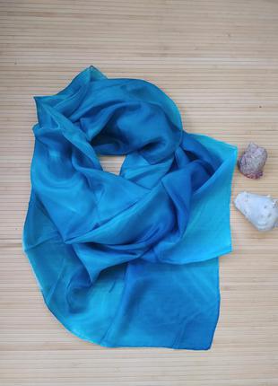 Большой платок натуральный шелк голубой / синий с переходом цвета / батик1 фото