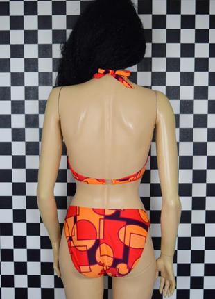 Купальник раздельный треугольники винтажный плавки высокая посадка абстрактный принт красный оранже3 фото