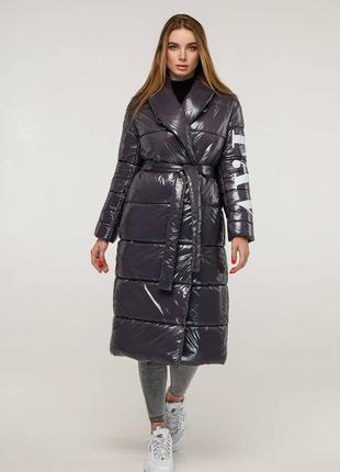 Зимняя длинная лаковая женская куртка с поясом, 1253, р 44-58