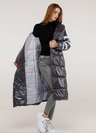 Зимняя длинная лаковая женская куртка с поясом, 1253, р 44-584 фото
