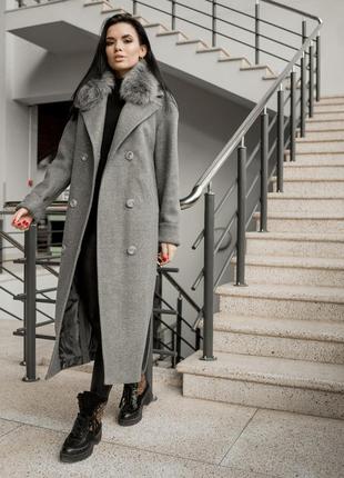 Зимнее длинное трендовое пальто с разрезами тороно серый, р 40-526 фото