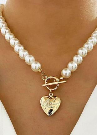 Жемчужное ожерелье чокер сердце колье бусы жемчуг3 фото