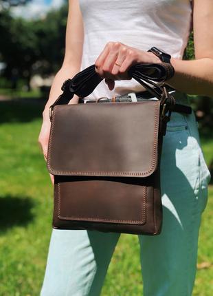 Кожаная коричневая сумка с бесплатной гравировкой