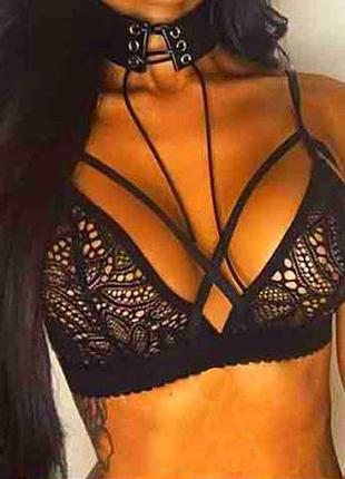 Оригинальный черный кружевной лиф с лямочками "сирена" 9648