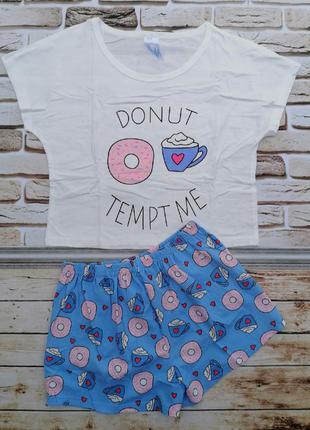 Комплект укороченная футболка и шорты принт "пончик + чашка"