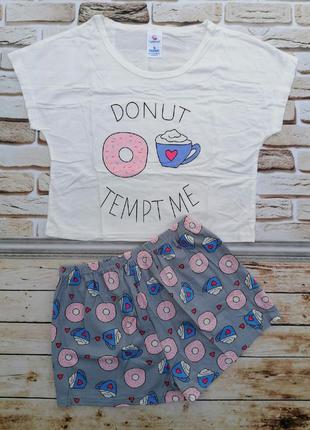 Комплект укорочена футболка та шорти принт "пончик + чашка"
