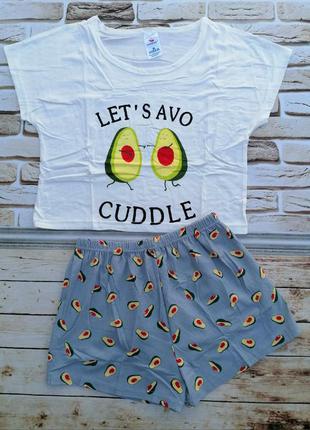 Комплект укороченная футболка и шорты принт  "авокадо"