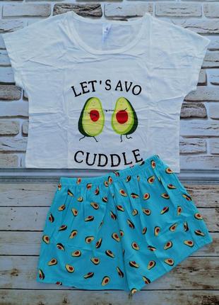 Комплект укороченная футболка и шорты принт  "авокадо"