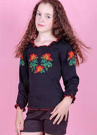 Блузка школьная длинный рукав трикотажная вышиванка1 фото