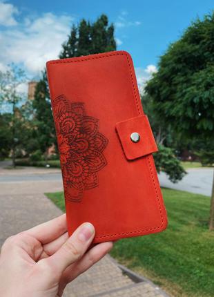Красный кошелек с гравировкой мандалы, натуральная кожа