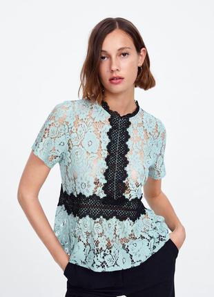 Шикарна м'ятна мереживна блузка zara/нова колекція