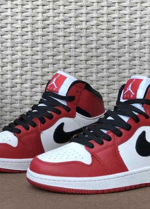 Мужские кожаные белые с красным nike air jordan retro 1🆕высокие найк аир джордан 1🆕4 фото