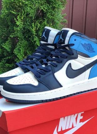 Чоловічі шкіряні сині з білим nike air jordan retro 1🆕високі найк аїр джордан 1🆕