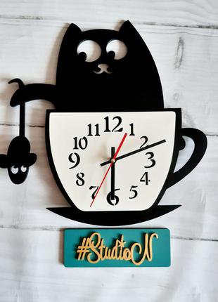 Авторские настенные часы ручной работы "кошка в чашке" 40 см