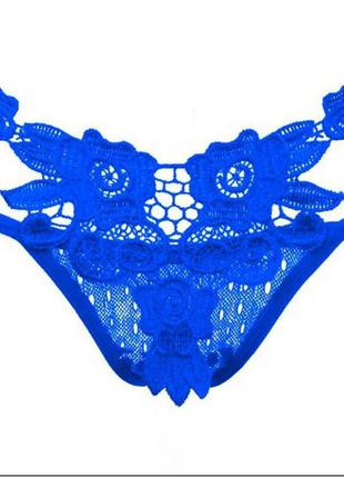 Класні сині мереживні трусики стрінги з бантиками і стразами "орнамент" 5246