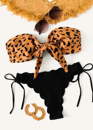 Леопардовый с чёрным женский купальник бандо с чашками плавки бразилиана на завязках2 фото