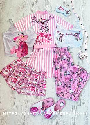 Шелковая пижама и халат с принтом pink panter