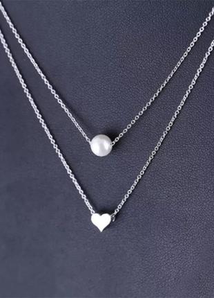 Двойная цепочка сердце жемчуг чокер ожерелье колье подвески сердечко жемчужина9 фото