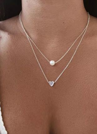 Двойная цепочка сердце жемчуг чокер ожерелье колье подвески сердечко жемчужина