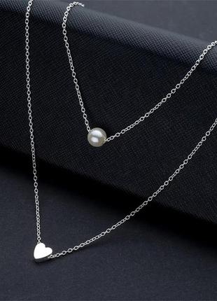 Двойная цепочка сердце жемчуг чокер ожерелье колье подвески сердечко жемчужина5 фото