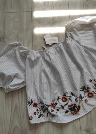 Вышитая блуза с открытыми плечами от stradivarius🌼, блуза вишитая, блузка з пишним рукавом☘️1 фото