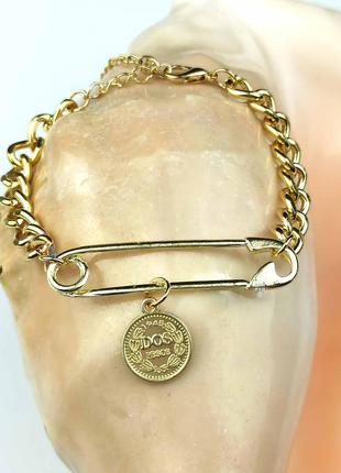 Браслет-цепь-цепочка якорная с булавкой и монеткой-подвеской под золото новый качественный