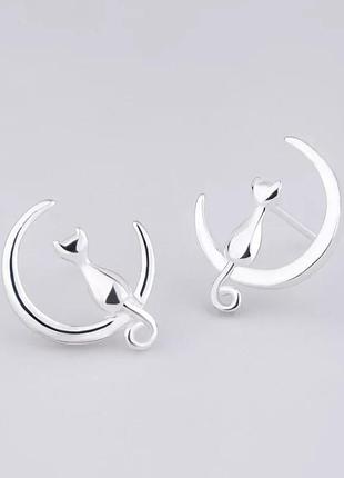 Серьги серебро 925 покрытие сережки гвоздики котик на луне