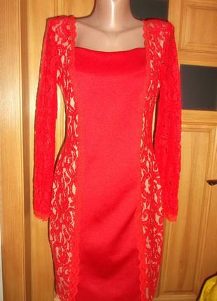 Платье красное прямое гипюр по боку миди вечернее распродажа р. l - exclusive2 фото