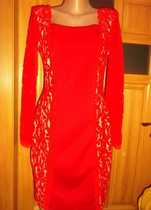Платье красное прямое гипюр по боку миди вечернее распродажа р. l - exclusive