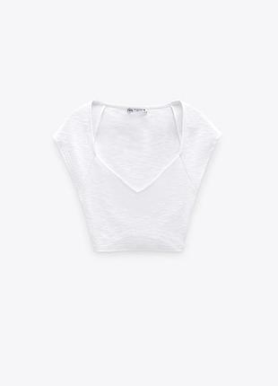 Топ футболка белая в рубчик с фигурным вырезом хлопковая zara