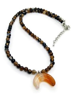 🐹🌛 колье-бусы чокер "амулет лунница" натуральный камень агат коричнево-оранжевый