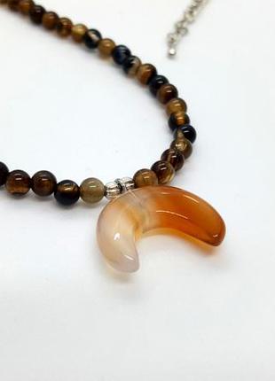 🐹🌛 колье-бусы чокер "амулет лунница" натуральный камень агат коричнево-оранжевый