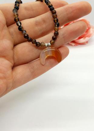 🐹🌛 колье-бусы чокер "амулет лунница" натуральный камень агат коричнево-оранжевый