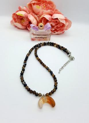 🐹🌛 колье-бусы чокер "амулет лунница" натуральный камень агат коричнево-оранжевый