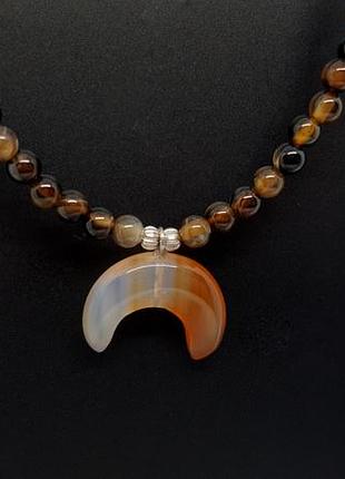 🐹🌛 колье-бусы чокер "амулет лунница" натуральный камень агат коричнево-оранжевый