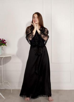 Serenade 774 длинный черный шелковый халат с французским кружевом4 фото
