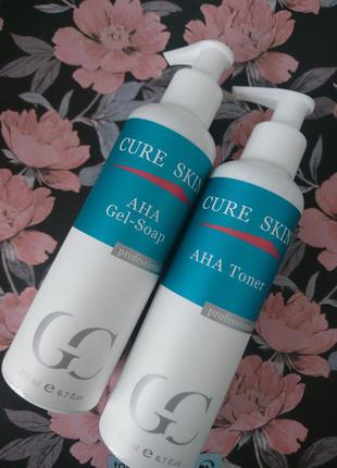 Набор гель-мыло и тоник для лица с aha кислотами 200ml cure skin1 фото