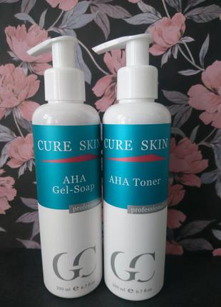 Набір гель-мило і тонік для обличчя з aha кислотами 200ml cure skin2 фото