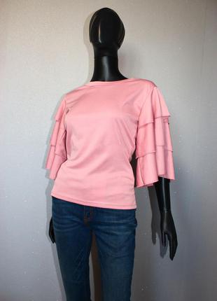 Блуза футболка свитшот пуловер пыльная роза рукав тройным воланом, l (3897)