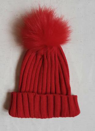 Червона з блиском класна шапка з помпоном primark англія one size2 фото