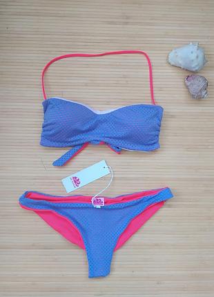 Купальник бандо халтер синий / фиолетовый фактурное кружево плавки бриф sundek us