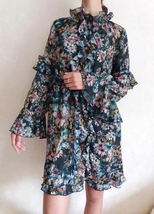 Шифонова сукня в квітковий принт, плаття з рюшами, вільного крою, вільне плаття2 фото