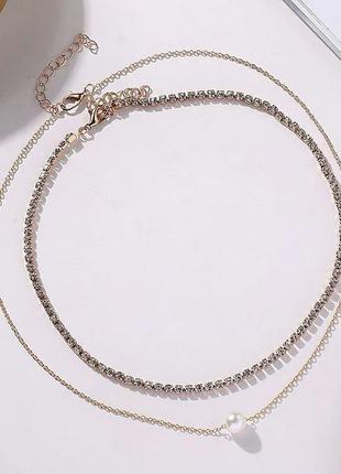 Двойное колье чокер кристаллы жемчуг многослойное ожерелье цепочка украшение на шею4 фото