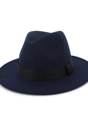 Стильная фетровая шляпа федора с лентой темно-синий